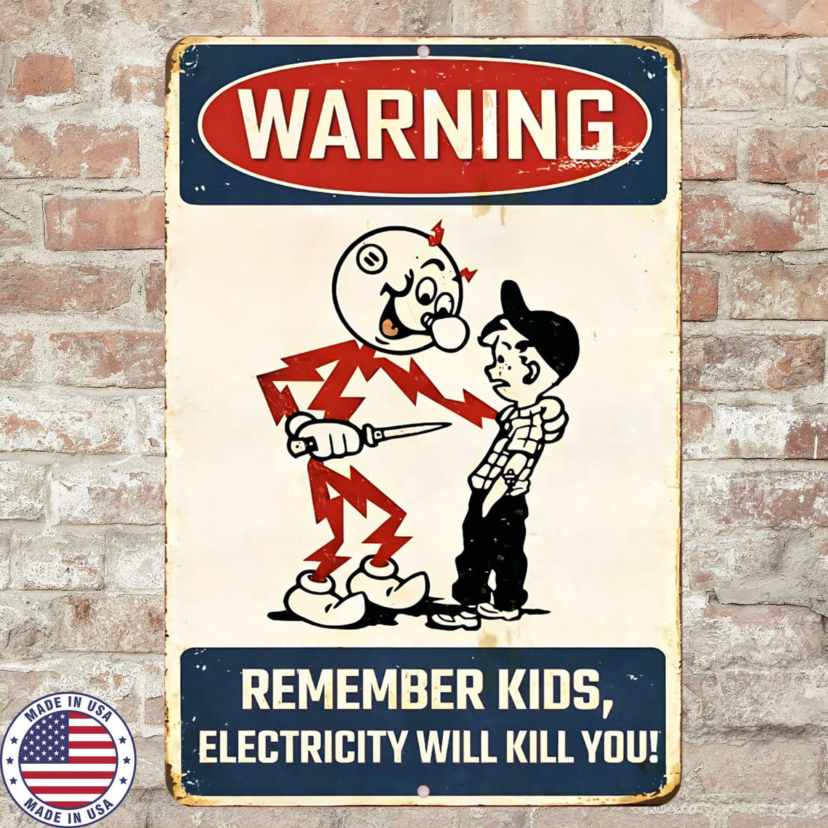 Funny Electricity Warning Metal Sign | Vintage Safety Humor Wall Decor | 8x12 Aluminum Workshop Garage Sign