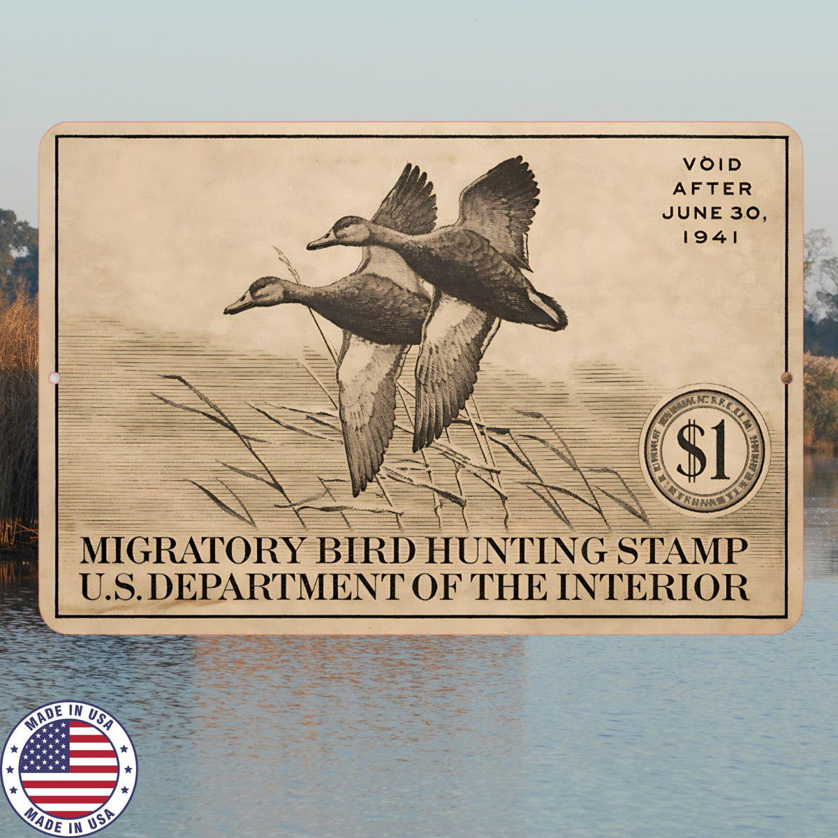 1941 Duck Stamp Metal Sign | Migratory Bird Hunting Wall Decor | Vintage Waterfowl Aluminum Sign | Rustic Cabin Lodge Decor