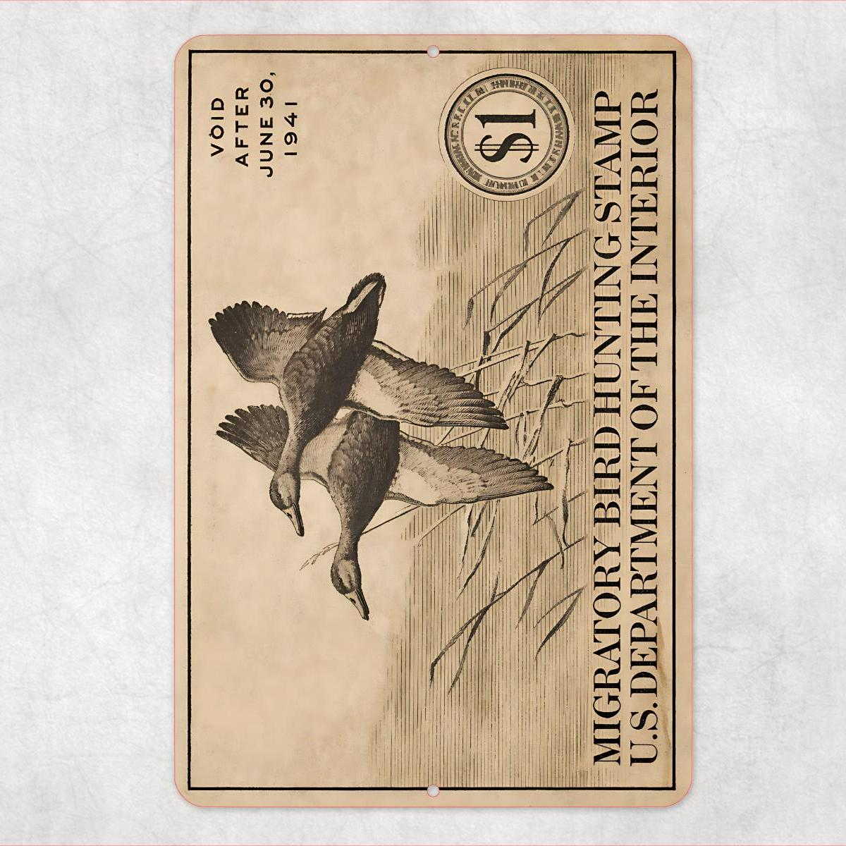 1941 Duck Stamp Metal Sign | Migratory Bird Hunting Wall Decor | Vintage Waterfowl Aluminum Sign | Rustic Cabin Lodge Decor