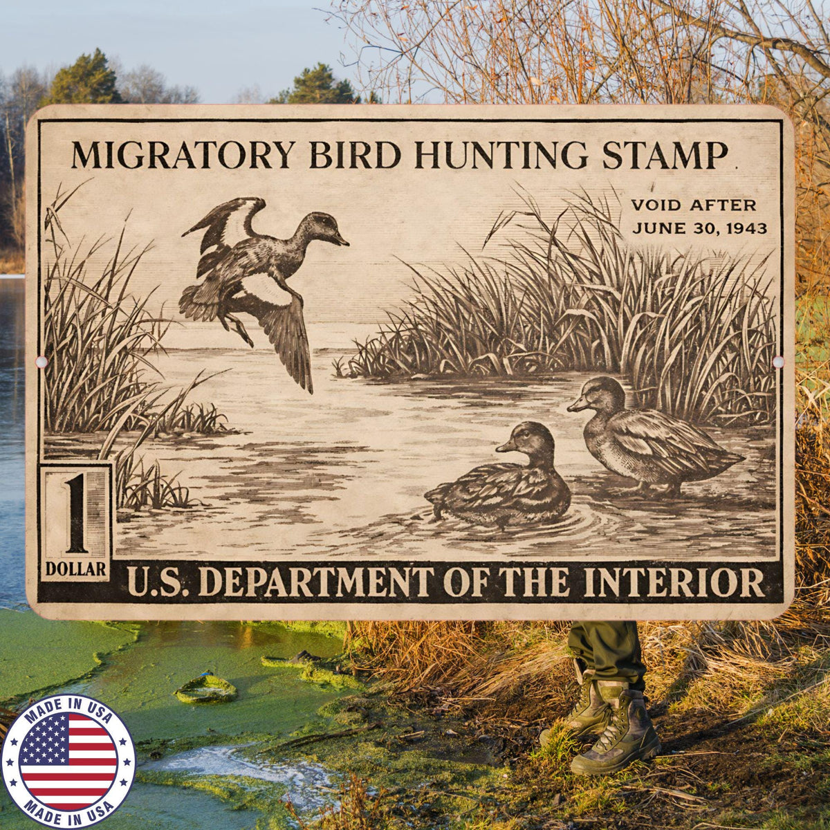 1943 Duck Stamp Metal Sign | Migratory Bird Hunting Wall Decor | Vintage Waterfowl Aluminum Sign | Rustic Cabin Lodge Decor
