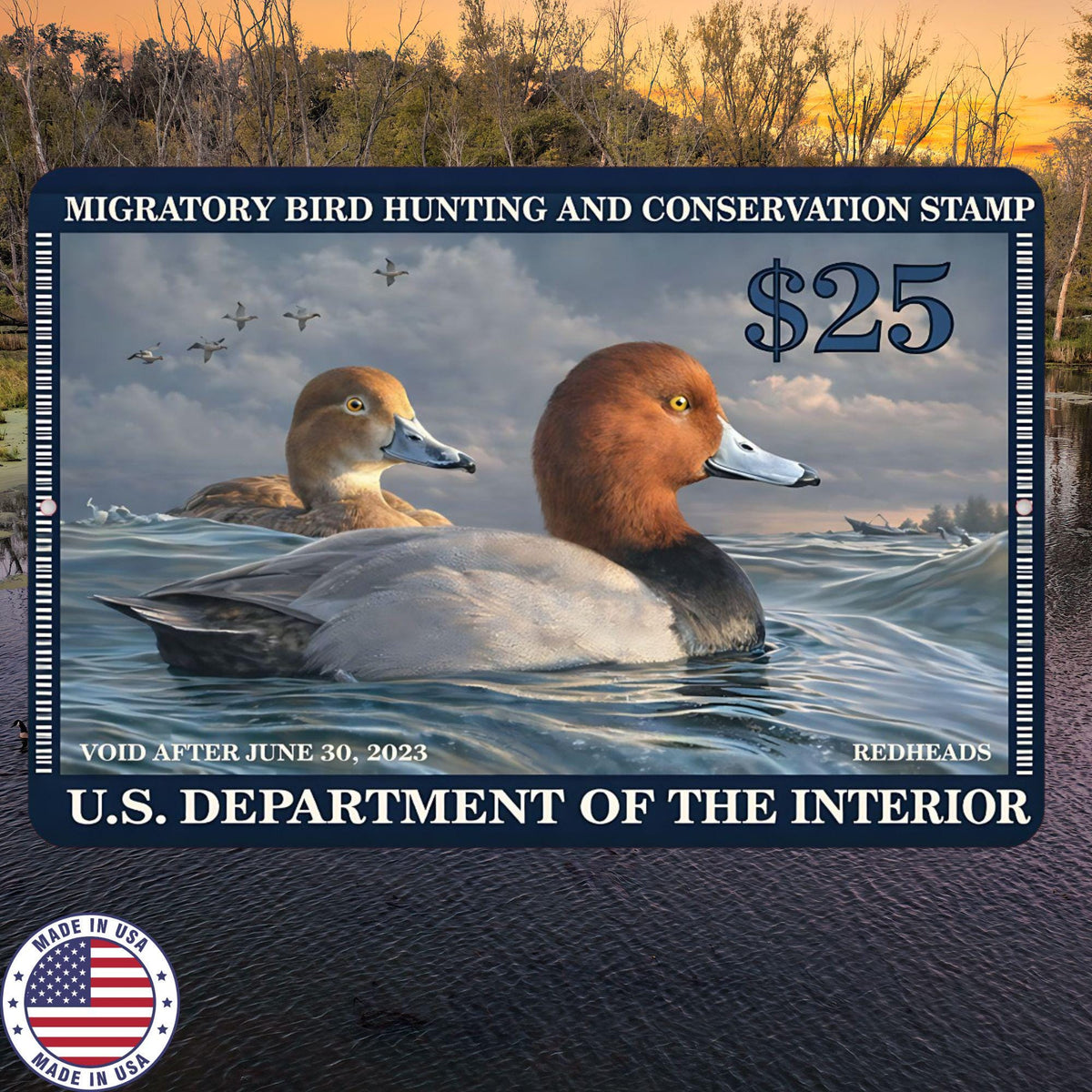 2023 Duck Stamp Metal Sign | Redhead Ducks Hunting Conservation Wall Art | Waterfowl Aluminum Cabin Lodge Decor