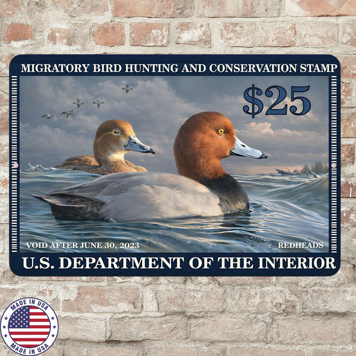 2023 Duck Stamp Metal Sign | Redhead Ducks Hunting Conservation Wall Art | Waterfowl Aluminum Cabin Lodge Decor
