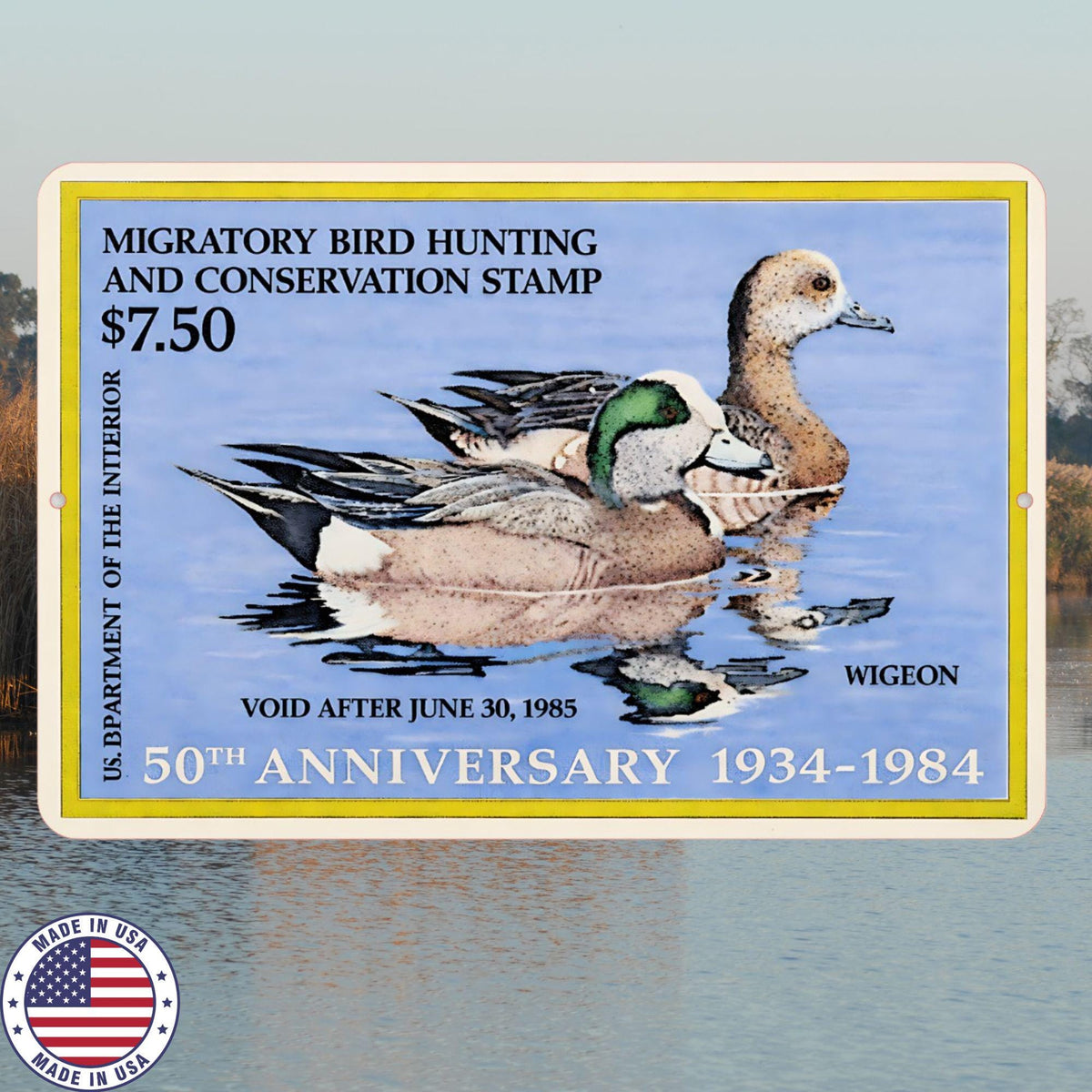 1985 Duck Stamp Metal Sign | Wigeon Hunting Conservation Wall Art | Vintage Waterfowl Aluminum Cabin Lodge Decor