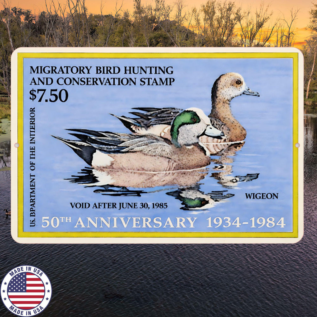 1985 Duck Stamp Metal Sign | Wigeon Hunting Conservation Wall Art | Vintage Waterfowl Aluminum Cabin Lodge Decor