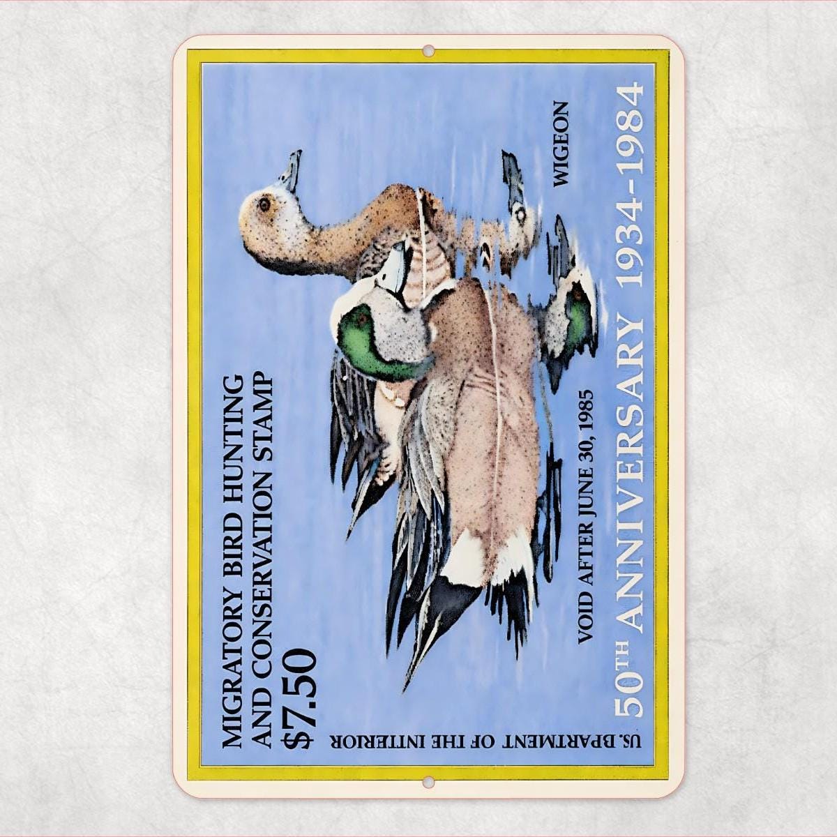 1985 Duck Stamp Metal Sign | Wigeon Hunting Conservation Wall Art | Vintage Waterfowl Aluminum Cabin Lodge Decor