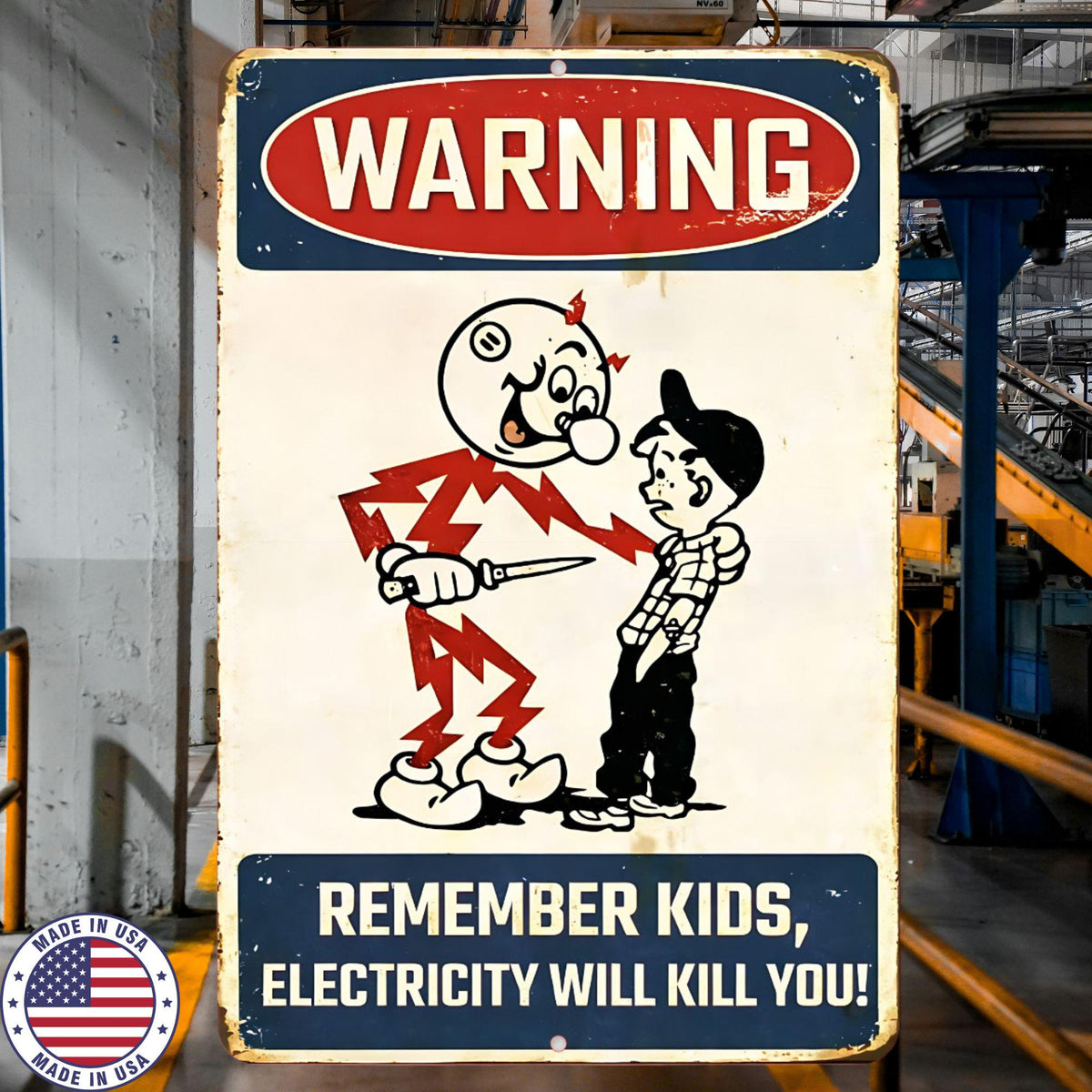 Funny Electricity Warning Metal Sign | Vintage Safety Humor Wall Decor | 8x12 Aluminum Workshop Garage Sign