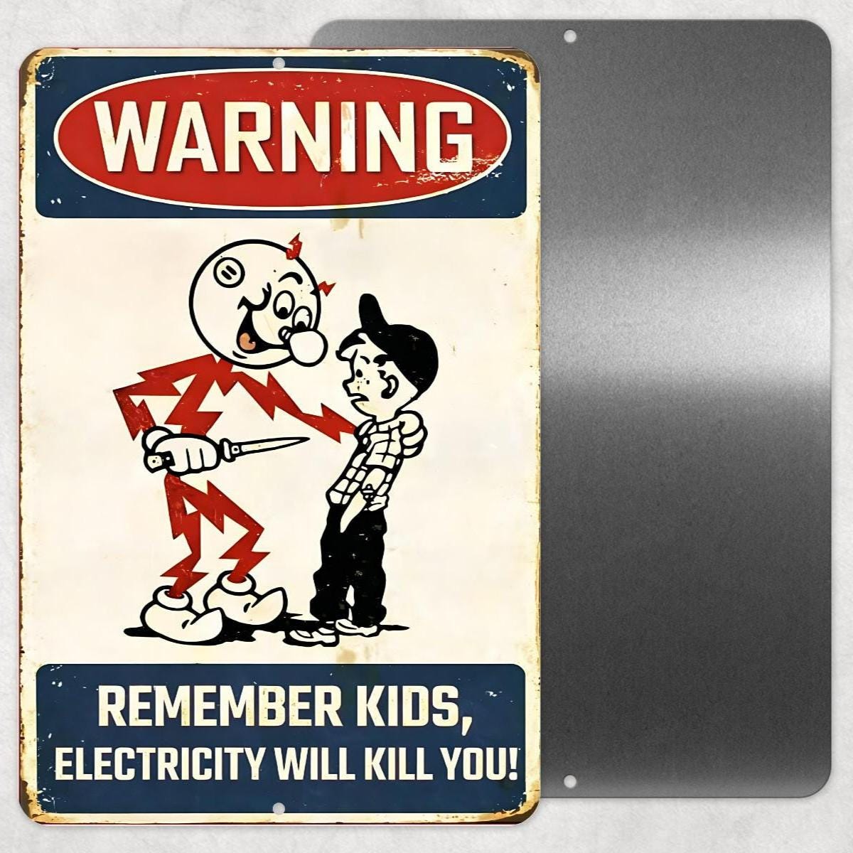 Funny Electricity Warning Metal Sign | Vintage Safety Humor Wall Decor | 8x12 Aluminum Workshop Garage Sign