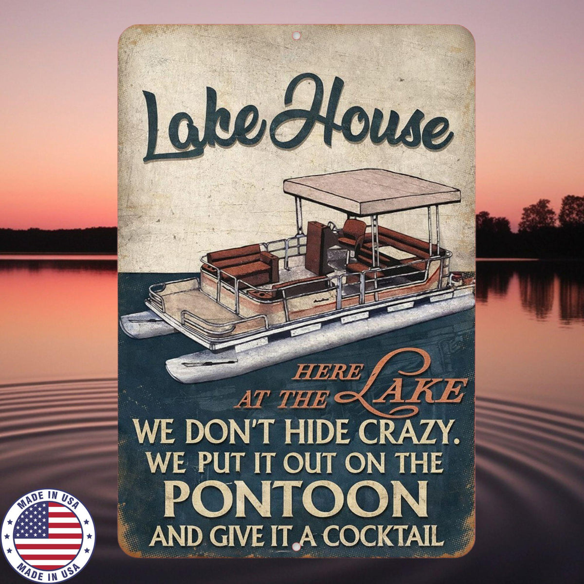 Lake House Pontoon Sign Funny, We Don’t Hide Crazy Sign, Lake Humor Decor, Pontoon Boat Sign, Cabin Wall Art, Metal Sign 8x12 12x18