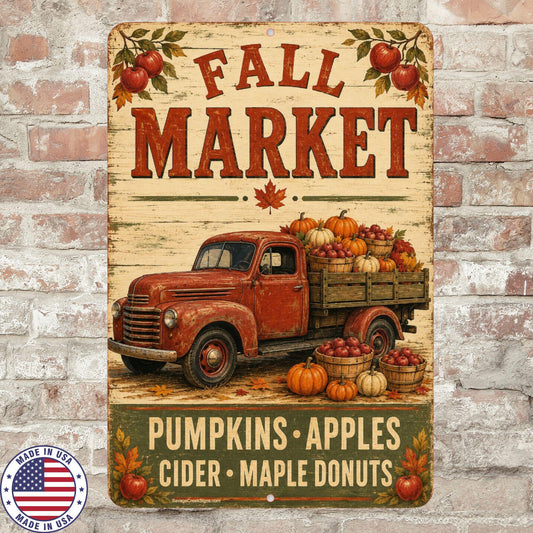 Fall Market Sign, Pumpkin Apple Cider Aluminum Sign, Vintage Farm Truck Autumn Wall Decor, Farmhouse Kitchen Porch Fall Decor