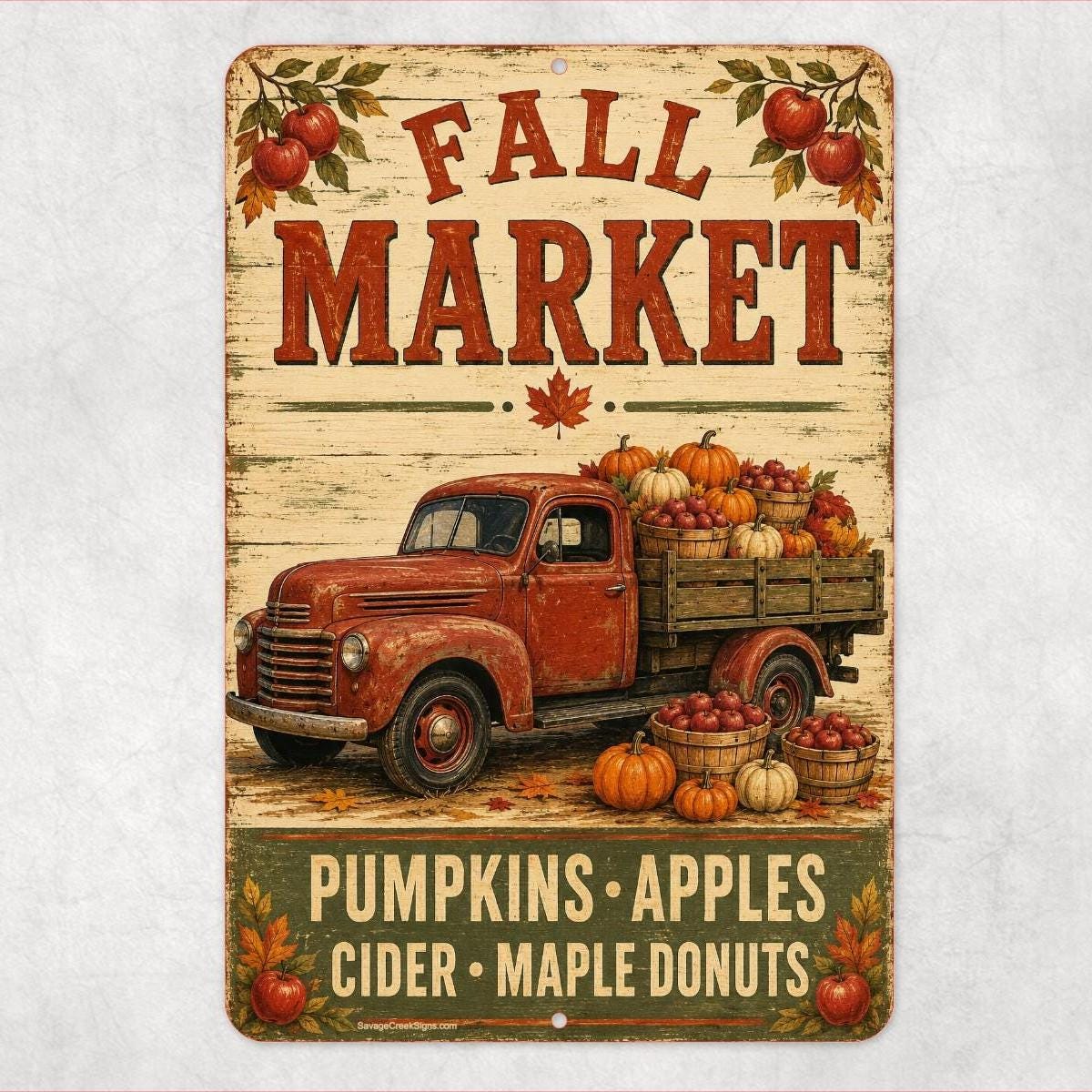 Fall Market Sign, Pumpkin Apple Cider Aluminum Sign, Vintage Farm Truck Autumn Wall Decor, Farmhouse Kitchen Porch Fall Decor