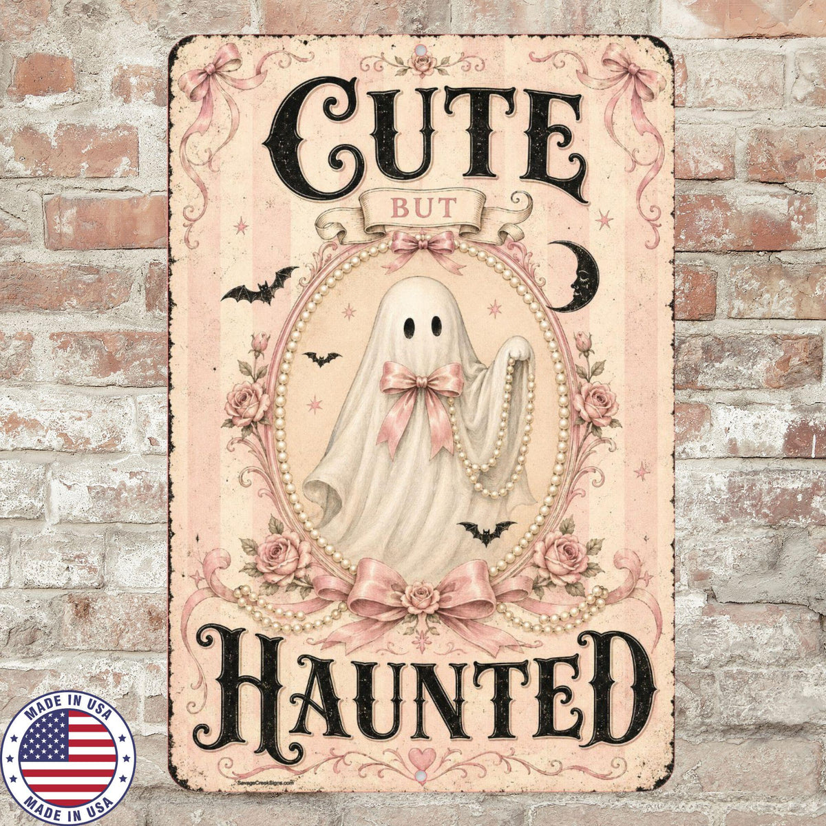 Cute But Haunted Sign, Pink Ghost Halloween Decor, Coquette Gothic Aluminum Sign, Cute Spooky Wall Art, Girly Halloween Sign