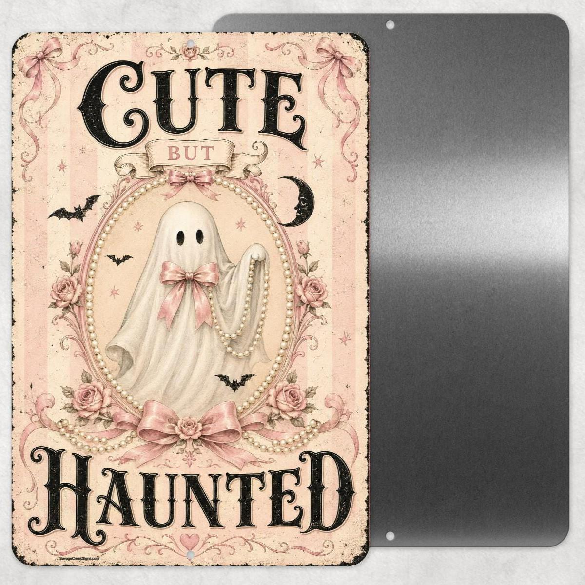 Cute But Haunted Sign, Pink Ghost Halloween Decor, Coquette Gothic Aluminum Sign, Cute Spooky Wall Art, Girly Halloween Sign