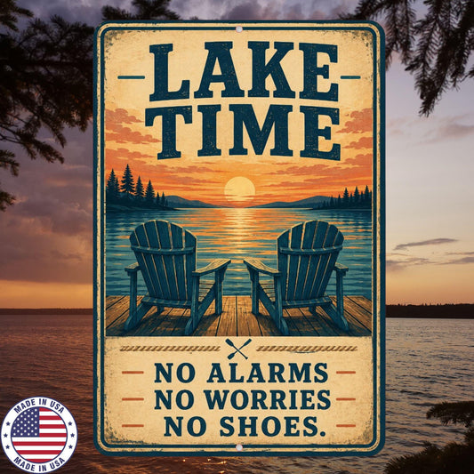 Lake Time Sign, No Alarms No Worries No Shoes Aluminum Sign, Lake House Decor, Cabin Wall Art, Dock Porch Summer Decor