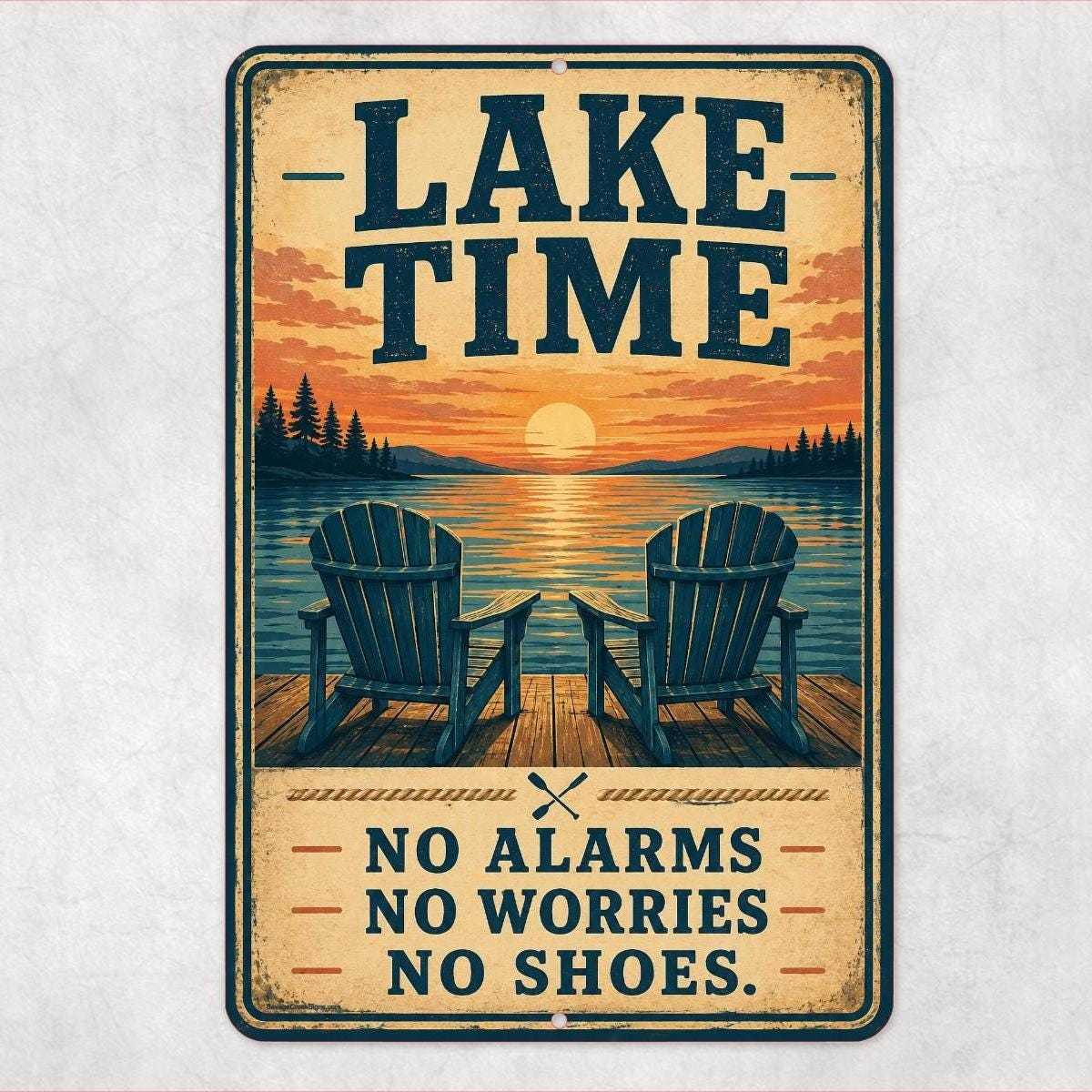 Lake Time Sign, No Alarms No Worries No Shoes Aluminum Sign, Lake House Decor, Cabin Wall Art, Dock Porch Summer Decor