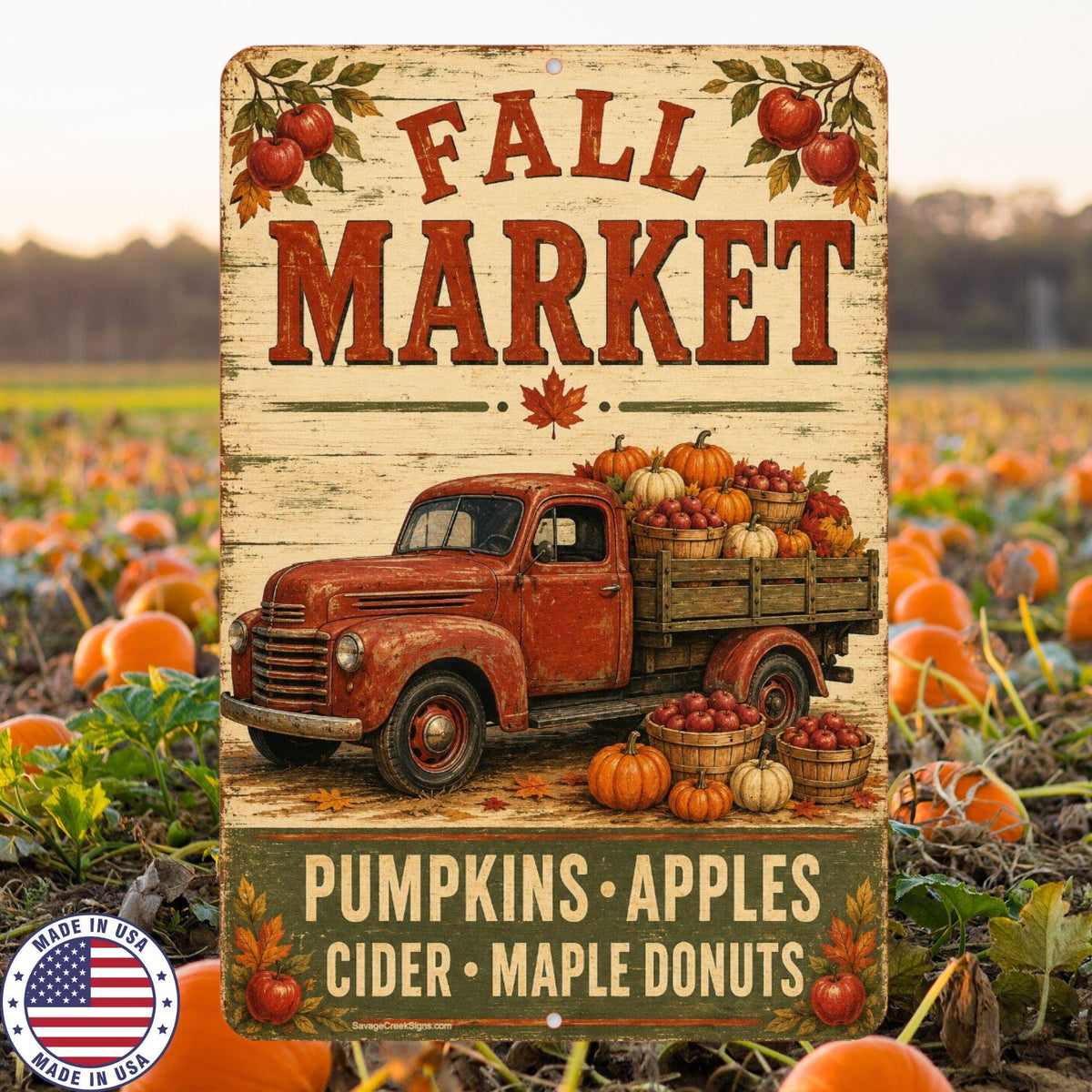Fall Market Sign, Pumpkin Apple Cider Aluminum Sign, Vintage Farm Truck Autumn Wall Decor, Farmhouse Kitchen Porch Fall Decor