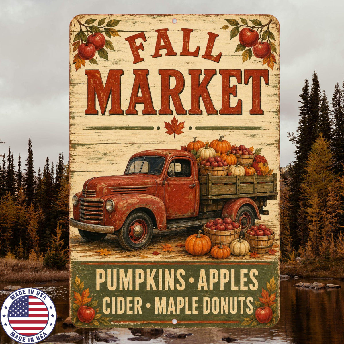 Fall Market Sign, Pumpkin Apple Cider Aluminum Sign, Vintage Farm Truck Autumn Wall Decor, Farmhouse Kitchen Porch Fall Decor