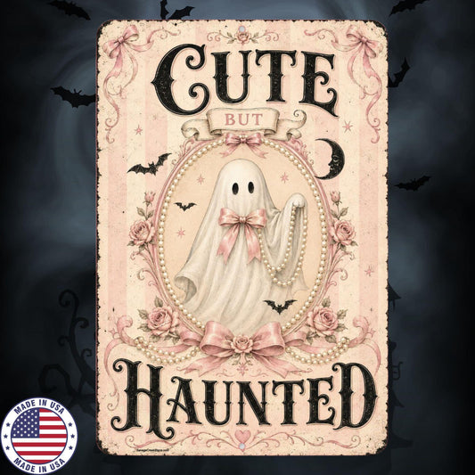 Cute But Haunted Sign, Pink Ghost Halloween Decor, Coquette Gothic Aluminum Sign, Cute Spooky Wall Art, Girly Halloween Sign