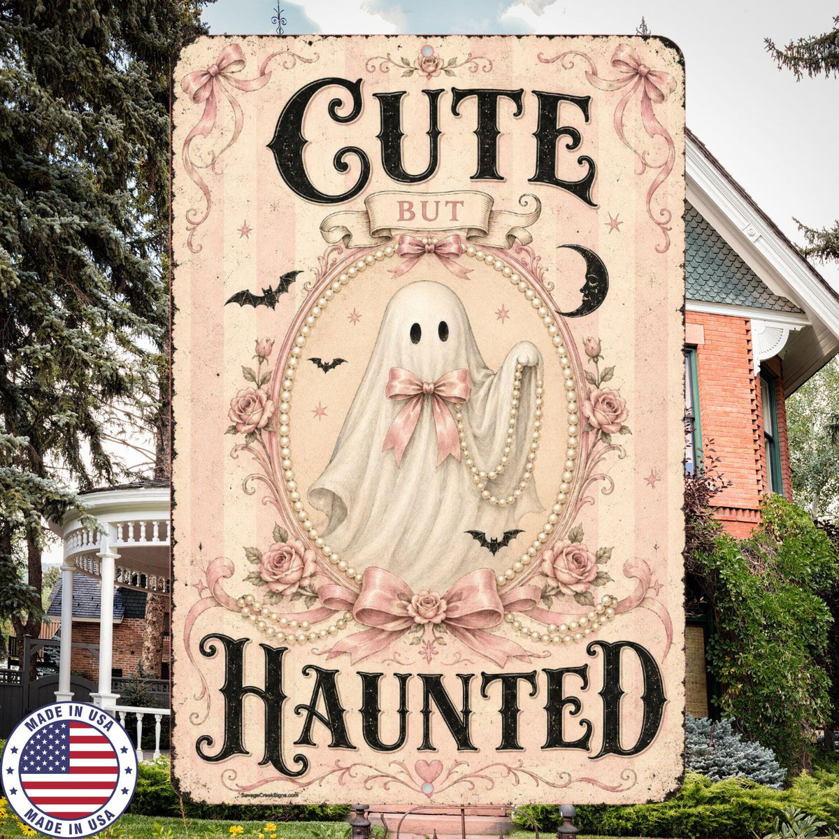 Cute But Haunted Sign, Pink Ghost Halloween Decor, Coquette Gothic Aluminum Sign, Cute Spooky Wall Art, Girly Halloween Sign