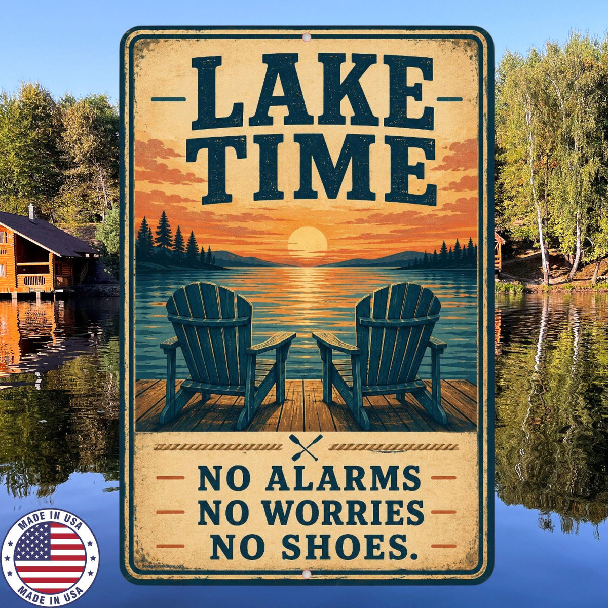Lake Time Sign, No Alarms No Worries No Shoes Aluminum Sign, Lake House Decor, Cabin Wall Art, Dock Porch Summer Decor