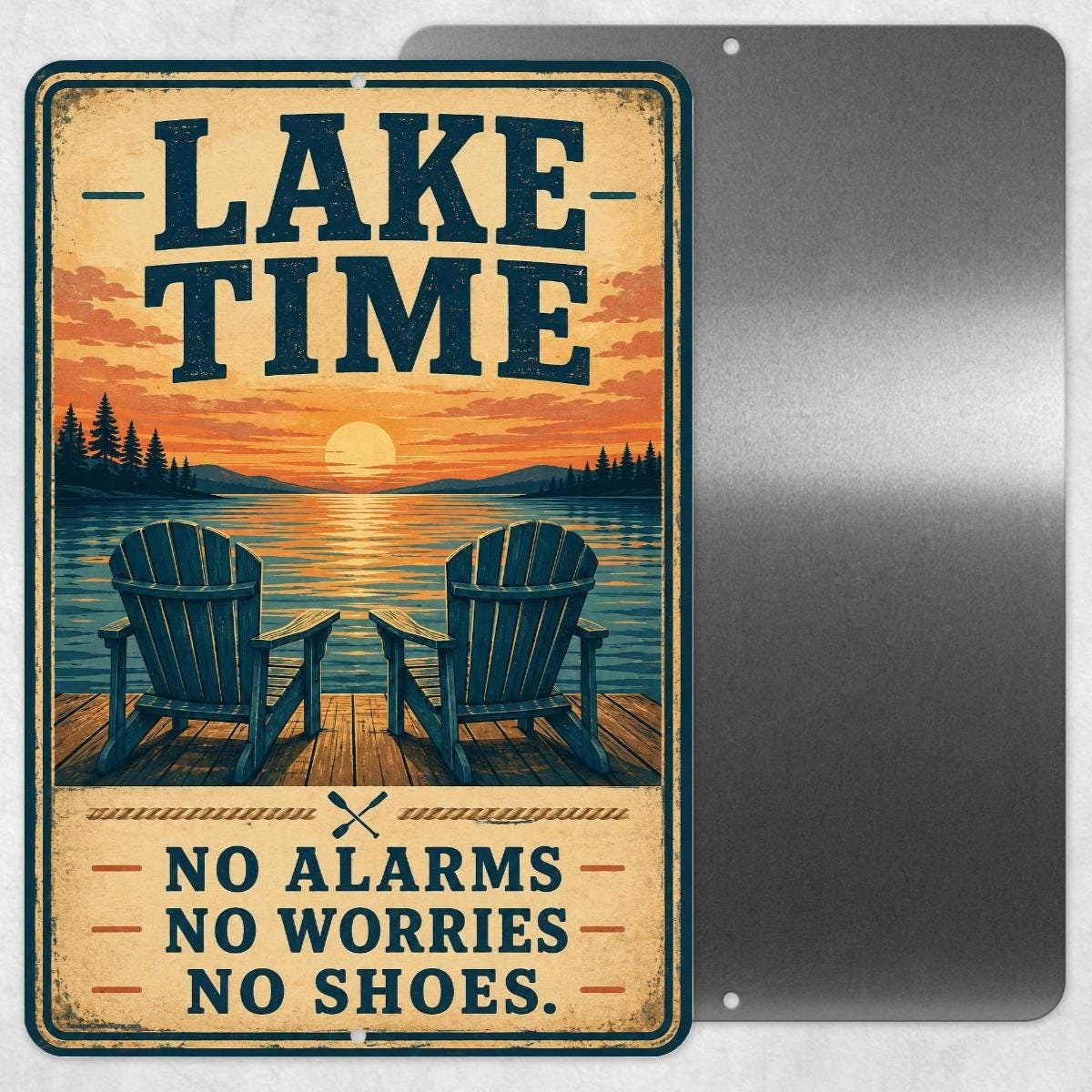 Lake Time Sign, No Alarms No Worries No Shoes Aluminum Sign, Lake House Decor, Cabin Wall Art, Dock Porch Summer Decor