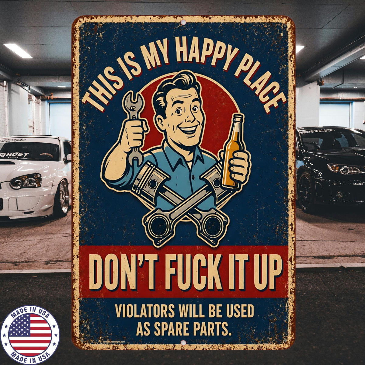 This Is My Happy Place Sign, Funny Garage Aluminum Sign, Mechanic Shop Decor, Adult Humor Man Cave Workshop Wall Art