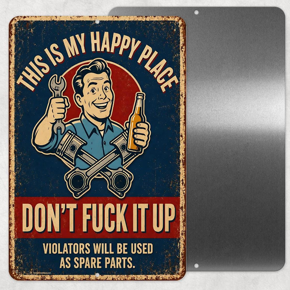 This Is My Happy Place Sign, Funny Garage Aluminum Sign, Mechanic Shop Decor, Adult Humor Man Cave Workshop Wall Art