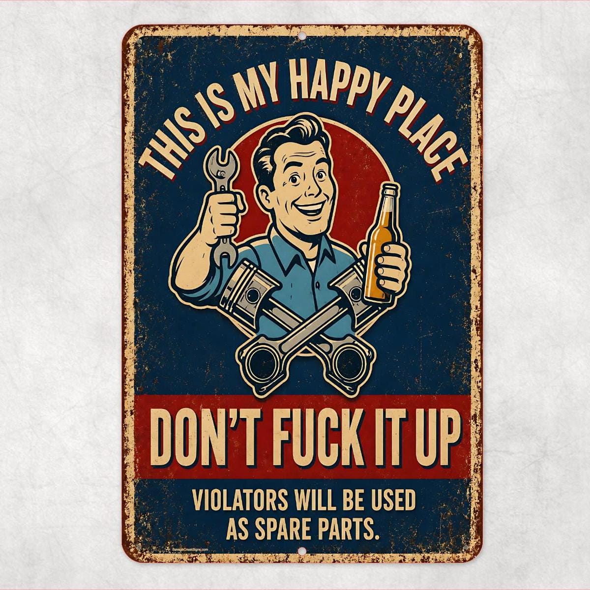 This Is My Happy Place Sign, Funny Garage Aluminum Sign, Mechanic Shop Decor, Adult Humor Man Cave Workshop Wall Art