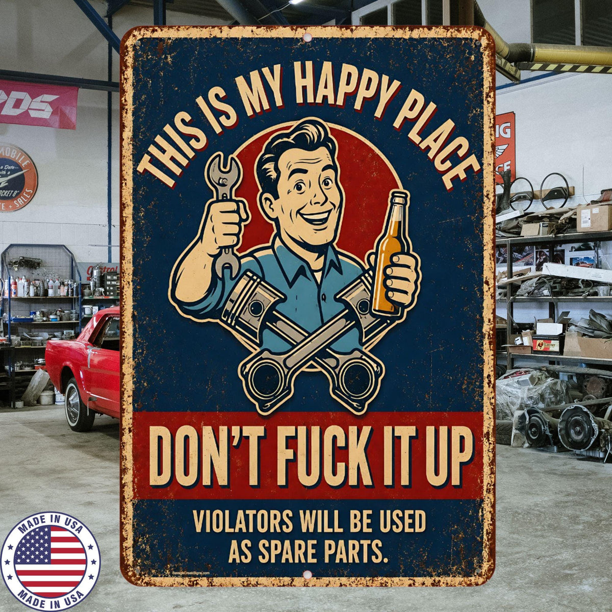 This Is My Happy Place Sign, Funny Garage Aluminum Sign, Mechanic Shop Decor, Adult Humor Man Cave Workshop Wall Art