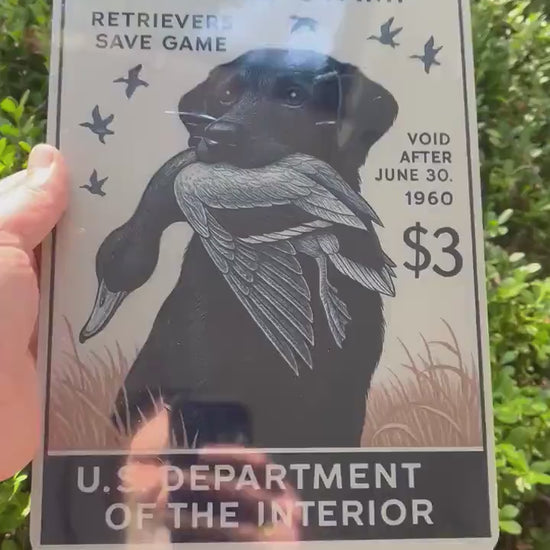 1960 Duck Stamp Sign – Labrador Retriever Hunting Art – 8x12 Vintage Replica Metal Sign – Duck Hunting Lodge or Cabin Wall Decor