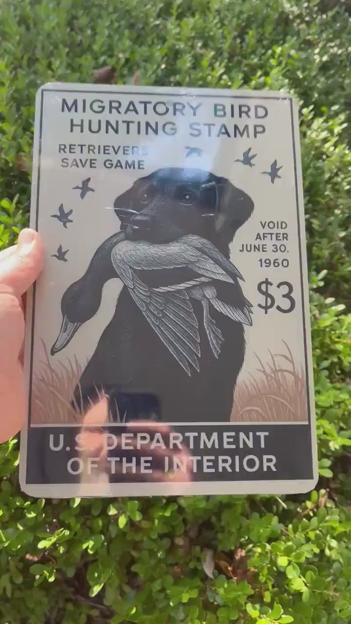 1960 Duck Stamp Sign – Labrador Retriever Hunting Art – 8x12 Vintage Replica Metal Sign – Duck Hunting Lodge or Cabin Wall Decor
