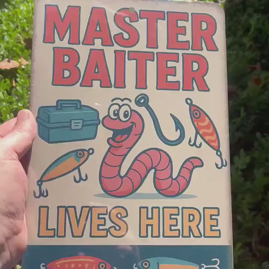 Funny Master Baiter Fishing Sign – 8x12 Metal Sign for Fishermen, Tackle Room, Man Cave, or Lake House Decor, Dad Gift