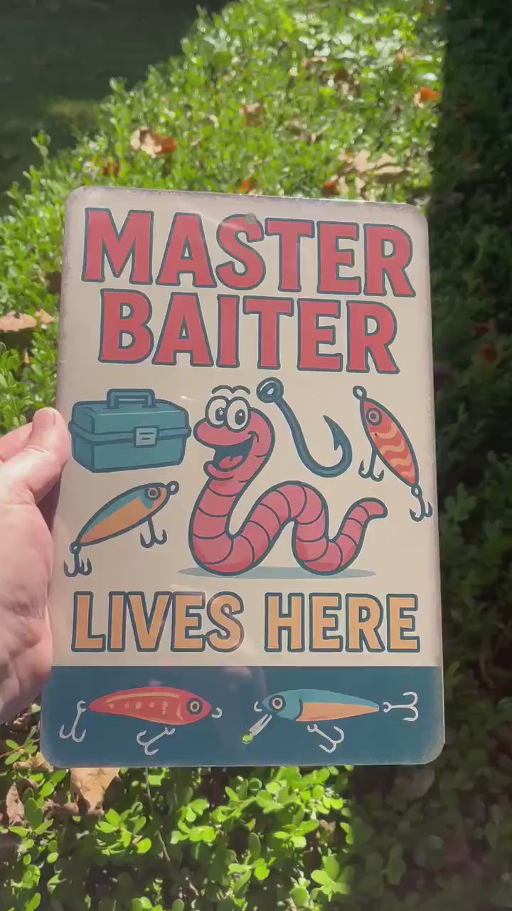 Funny Master Baiter Fishing Sign – 8x12 Metal Sign for Fishermen, Tackle Room, Man Cave, or Lake House Decor, Dad Gift