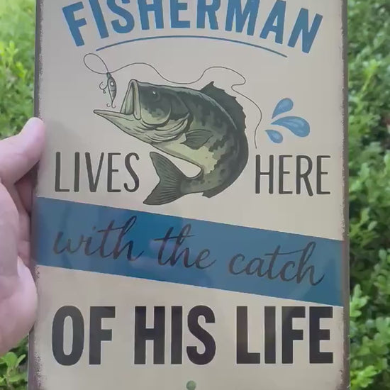 Funny Fisherman Sign – “One Fine Fisherman Lives Here” 8x12 Vintage Metal Sign for Lake House, Cabin or Fishing Gift