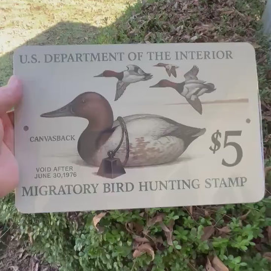 1976 Canvas Back Duck Stamp Sign – Vintage Migratory Bird Hunting Art – 8x12 Metal Wall Decor for Hunting Lodge, Cabin, or Man Cave