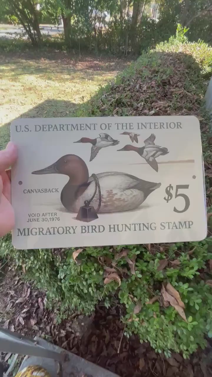 1976 Canvas Back Duck Stamp Sign – Vintage Migratory Bird Hunting Art – 8x12 Metal Wall Decor for Hunting Lodge, Cabin, or Man Cave