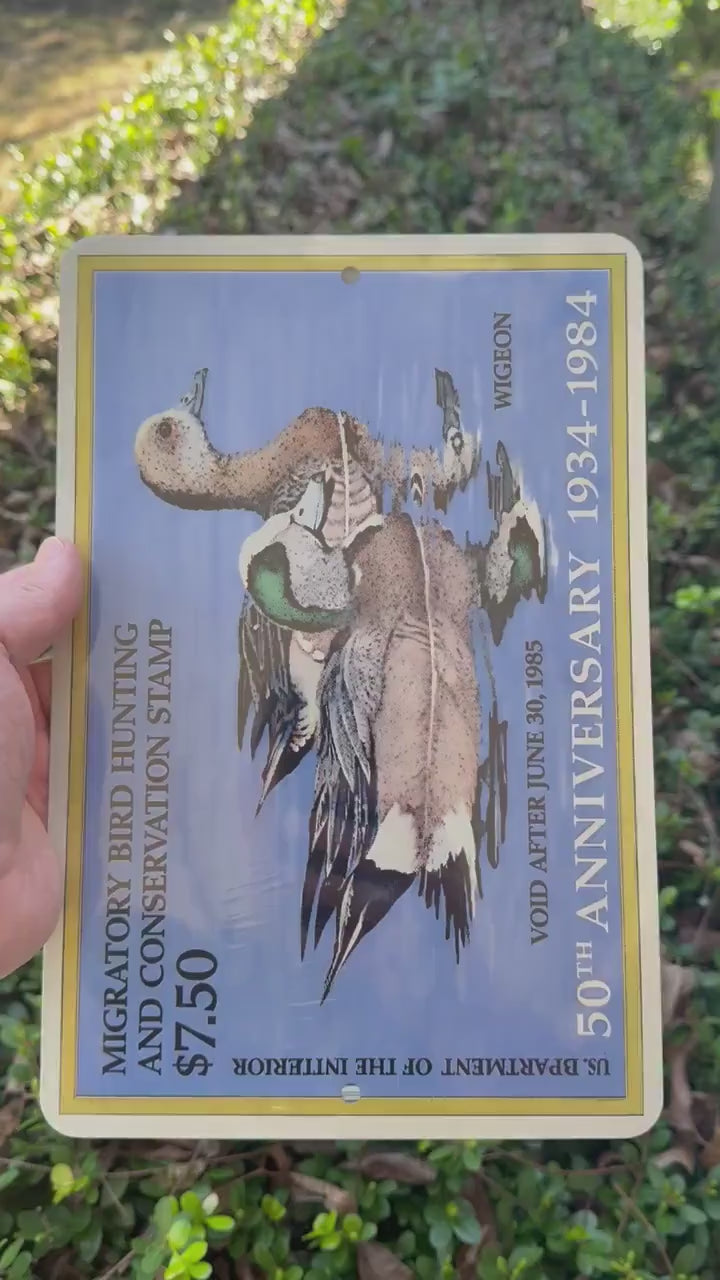 1985 Duck Stamp Metal Sign | Wigeon Hunting Conservation Wall Art | Vintage Waterfowl Aluminum Cabin Lodge Decor