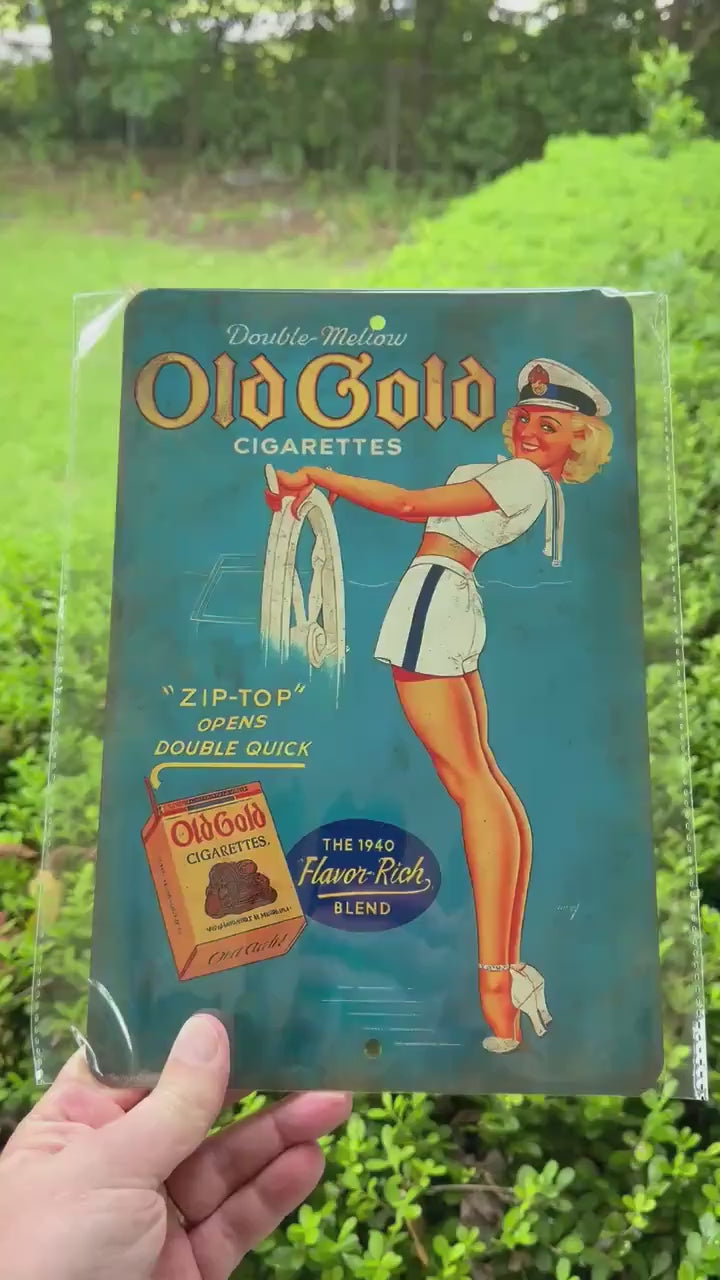 Old Gold Cigarettes Metal Sign | Vintage Pin Up Wall Art | Retro Tobacco Advertising | 8x12 Aluminum Bar Man Cave Decor
