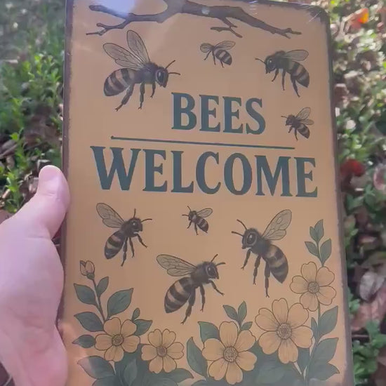 Vintage Style Metal Sign, Bees Welcome, Garden Decor, Rustic Home Accent, 8x12 Aluminum Floral Sign, UV Resistant Outdoor Sign, Garden Sign
