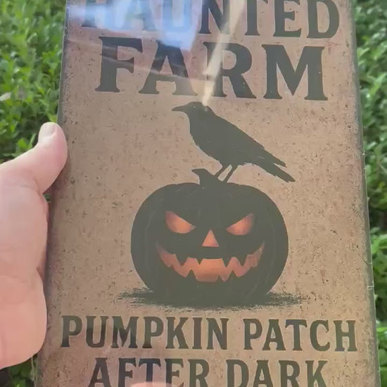Haunted Farm Pumpkin Patch After Dark Sign – 8x12 Halloween Metal Wall Decor with Crow & Jack-o'-Lantern, Porch Sign, Fall Decor