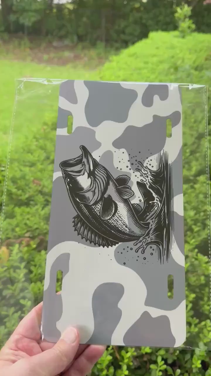 Camo Bass License Plate | Fishing Vanity Tag | Largemouth Bass Truck Plate | Country Outdoors Car Accessory | Made in USA
