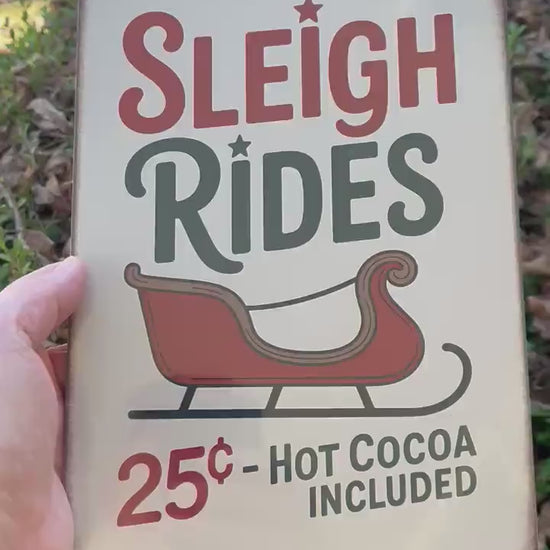 Sleigh Rides Sign | 8x12 Aluminum Christmas Wall Decor | Rustic Farmhouse Holiday Sign | Vintage Winter Sleigh Ride Art