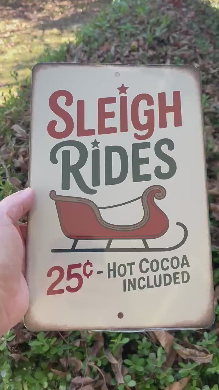 Sleigh Rides Sign | 8x12 Aluminum Christmas Wall Decor | Rustic Farmhouse Holiday Sign | Vintage Winter Sleigh Ride Art