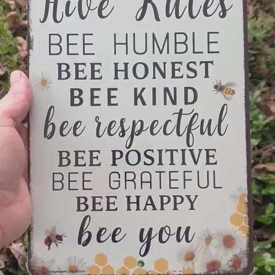 Hive Rules Bee Sign – 8x12 Metal Wall Decor for Beekeepers, Gardeners, or Country Home – Bee Kind Positive Grateful Rustic Farmhouse Decor