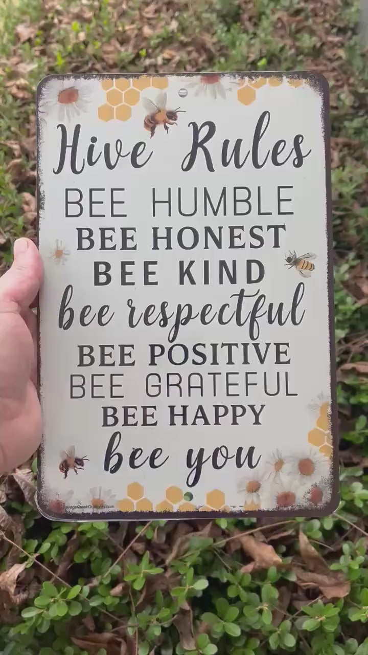 Hive Rules Bee Sign – 8x12 Metal Wall Decor for Beekeepers, Gardeners, or Country Home – Bee Kind Positive Grateful Rustic Farmhouse Decor