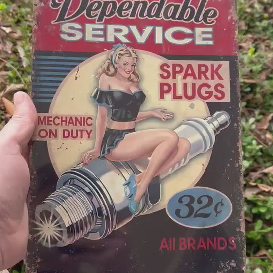 Vintage Spark Plugs Metal Sign | Retro Pin Up Garage Sign | 8x12 Aluminum Auto Shop Wall Art | Mechanic Man Cave Decor