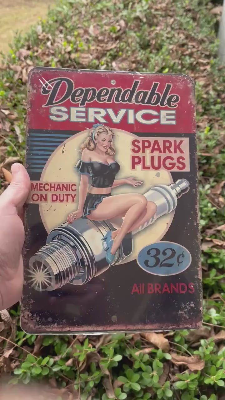 Vintage Spark Plugs Metal Sign | Retro Pin Up Garage Sign | 8x12 Aluminum Auto Shop Wall Art | Mechanic Man Cave Decor