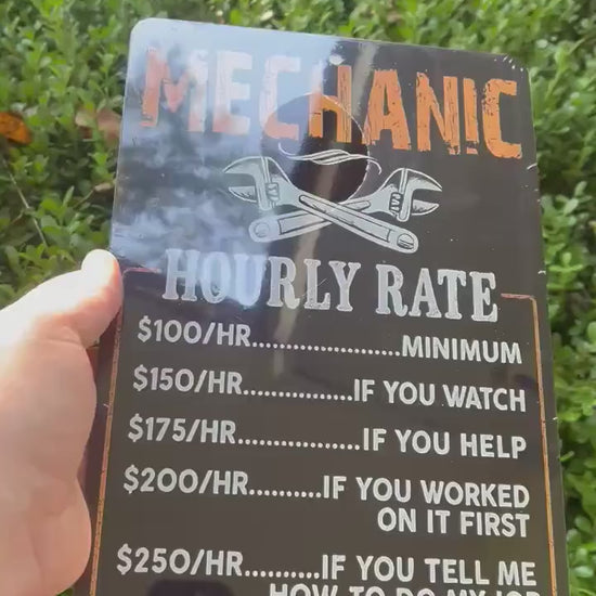 Funny Mechanic Hourly Rate Sign – 8x12 Metal Garage Shop Wall Decor, Vintage Wrench Humor Sign, Shop Sign, Garage Decor, Man Cave Sign