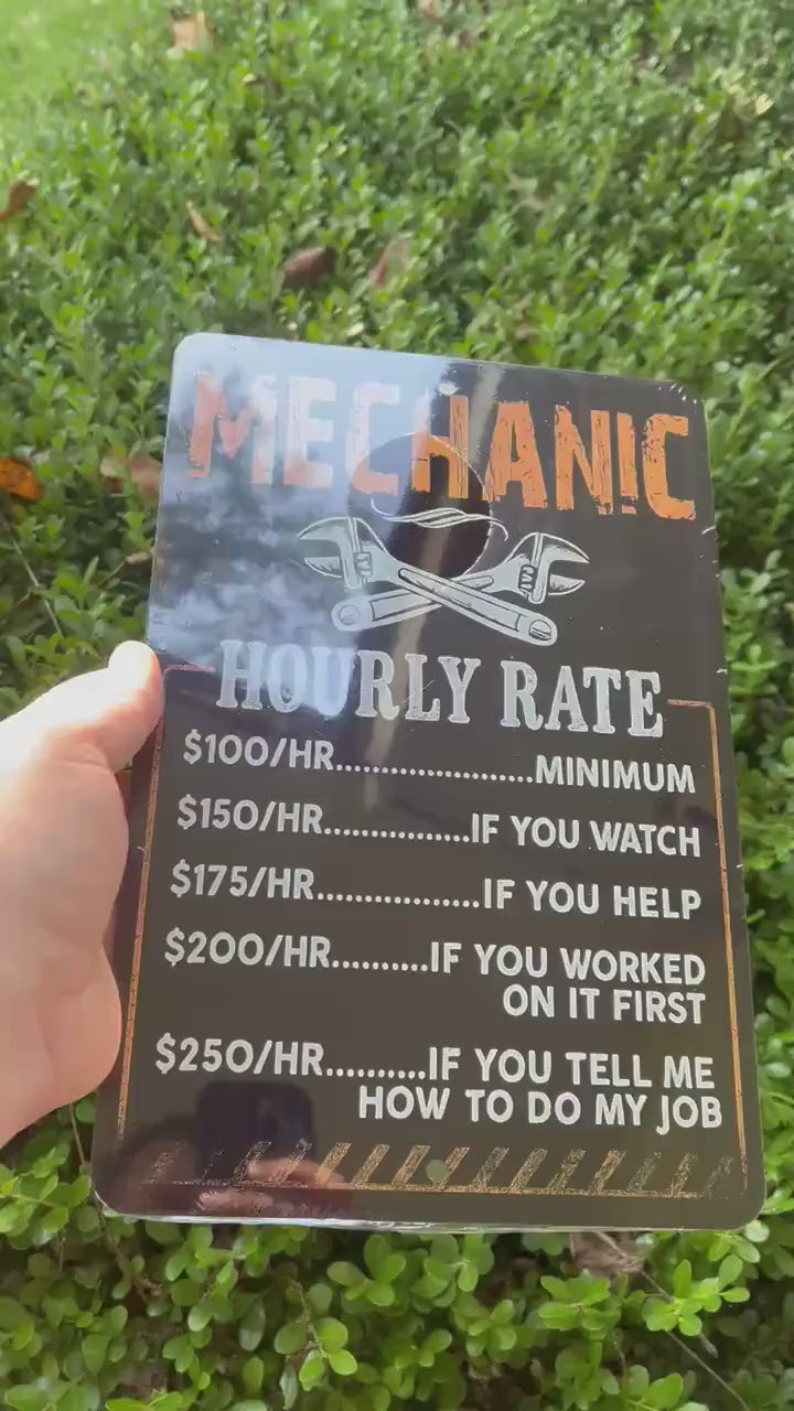 Funny Mechanic Hourly Rate Sign – 8x12 Metal Garage Shop Wall Decor, Vintage Wrench Humor Sign, Shop Sign, Garage Decor, Man Cave Sign