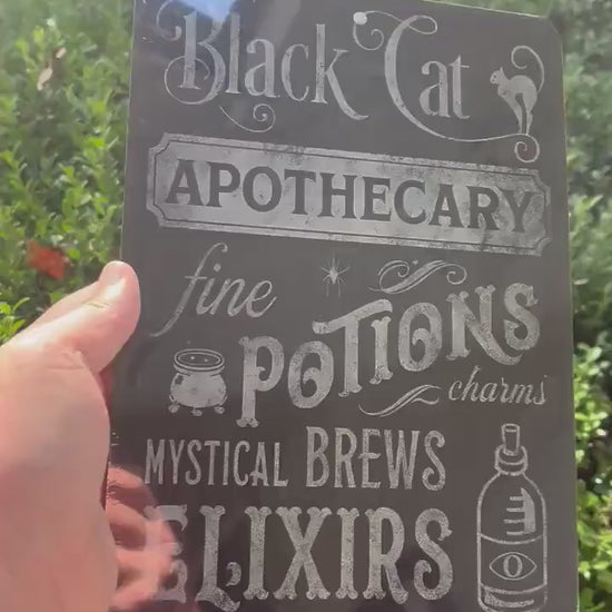 Black Cat Apothecary Sign – Vintage Halloween Wall Décor – 8x12 UV Resistant Sublimated Metal Sign – Potions, Elixirs, Mystical Brews