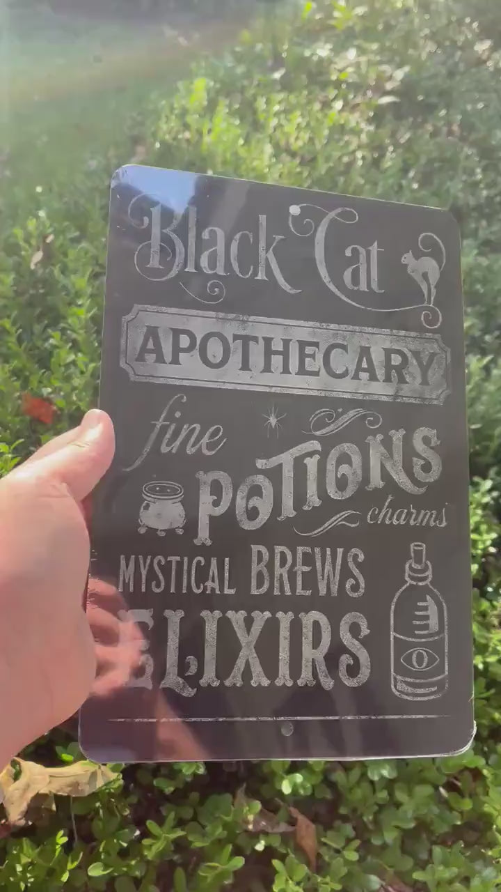 Black Cat Apothecary Sign – Vintage Halloween Wall Décor – 8x12 UV Resistant Sublimated Metal Sign – Potions, Elixirs, Mystical Brews
